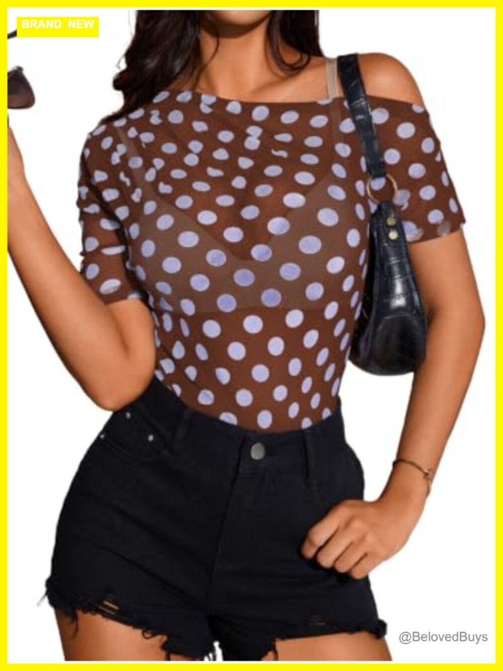 Women Polka Dot Mesh Bodysuit Off One Shoulder Sheer Top